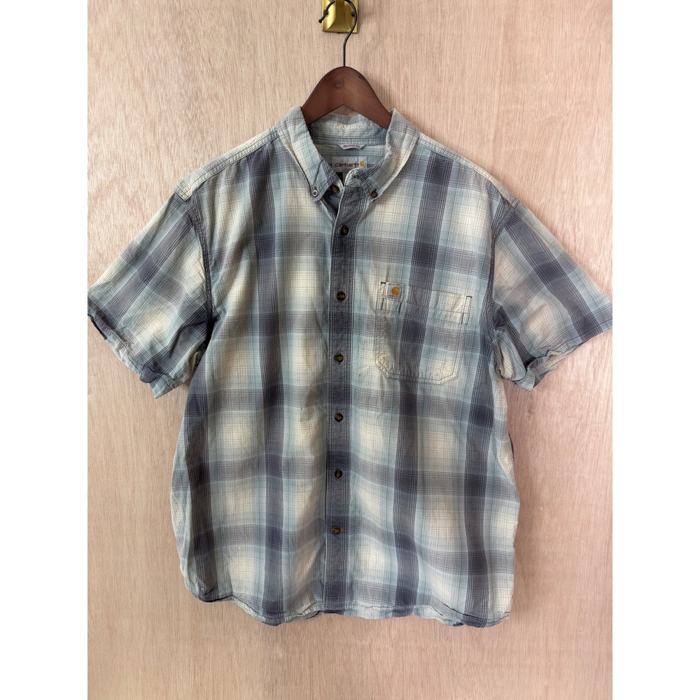 Carhartt Relaxed Fit Plaid Short Sleeve Button Down Shirt Mens XL Blue Cream